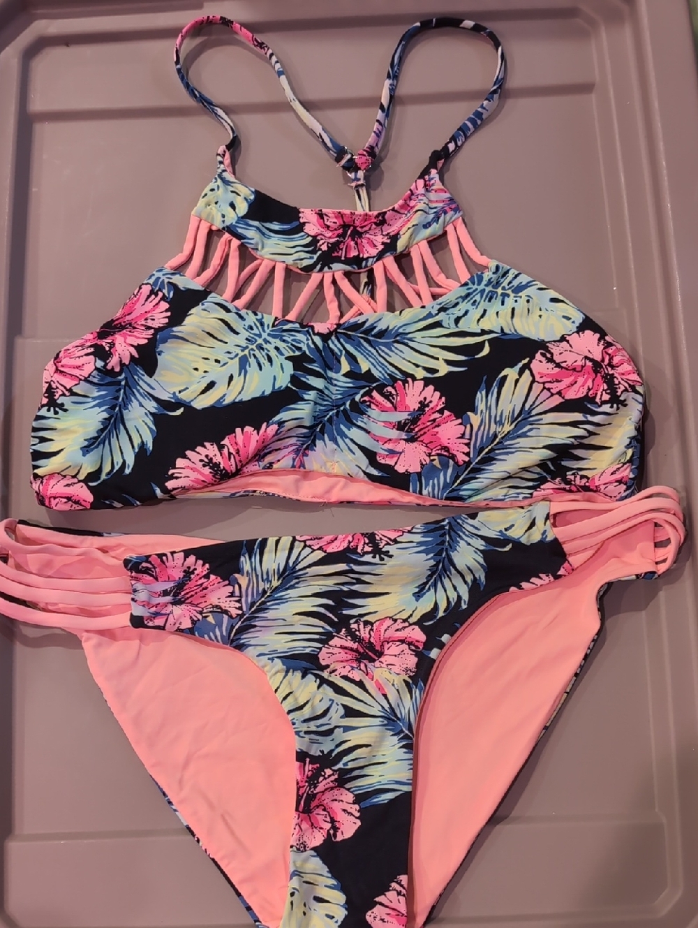 TinyBikini Brand Tropical Floral Bikini Set - Pink, Green & Navy Small